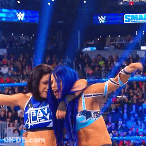 Woman With Blue Hair Hugging Another Woman In Wrestling Ring GIF