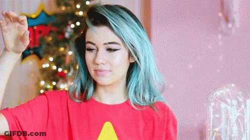 Woman With Blue Hair In Red T-Shirt With Yellow A GIF