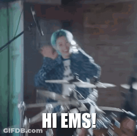Woman With Blue Hair Playing Drums Saying Hi Ems GIF