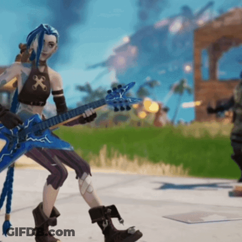 Woman With Blue Hair Playing Guitar In Video Game GIF