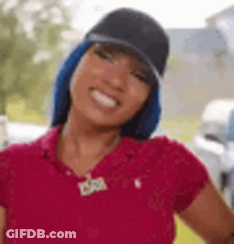 Woman With Blue Hair Red Shirt Black Hat GIF