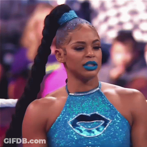 Woman With Blue Lipstick Ponytail Blue Top With Mouth GIF