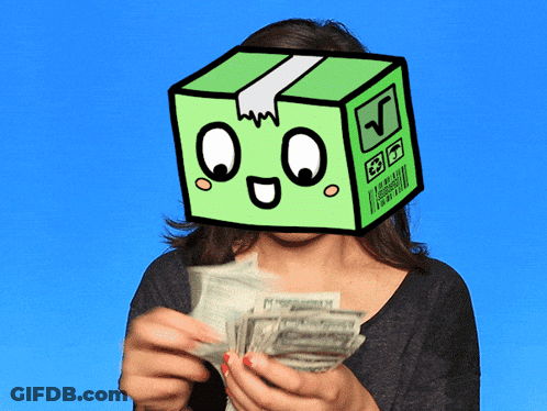 Woman With Box On Head Holding Money GIF