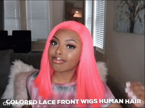 Woman With Bright Pink Hair And Colored Lace Front Wigs GIF