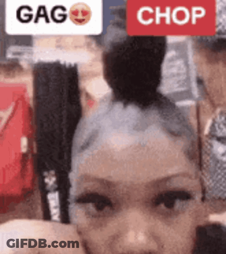 Woman With Bun And Red Chop Button GIF