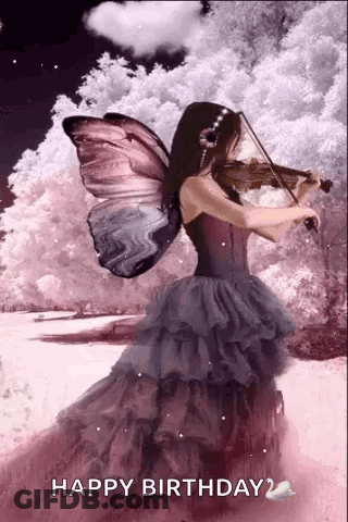 Woman With Butterfly Wings Playing Violin In Pink Dress GIF