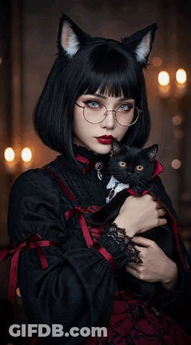 Woman With Cat Ears And Glasses Holding Black Cat GIF