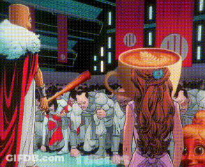 Woman With Coffee On Head And Man With Bat GIF