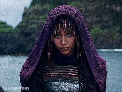 Woman With Dreadlocks In Purple Hood GIF