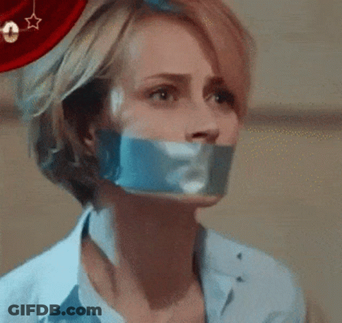 Woman With Duct Tape On Mouth Looking Up GIF
