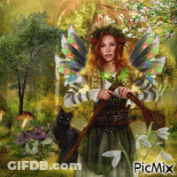 Woman With Fairy Wings Holding Sword And Black Cat GIF