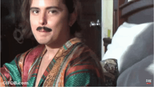 Woman With Fake Mustache In Kimono GIF