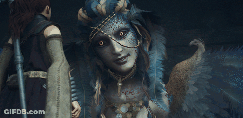 Woman With Feathers And Woman With Sword GIF