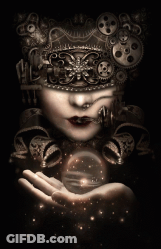 Woman With Gears On Head Holding Crystal Ball GIF