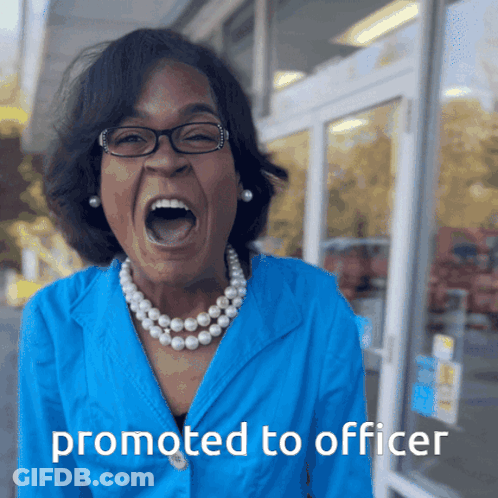 Woman With Glasses And Pearl Necklace Screaming Promoted To Officer GIF