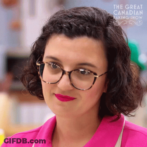 Woman With Glasses And Red Lipstick On Great Canadian Baking Show GIF