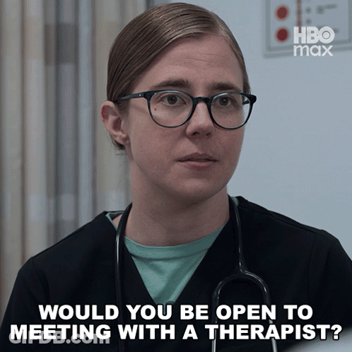 Woman With Glasses And Stethoscope Asking To Meet Therapist GIF