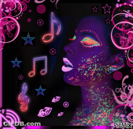 Woman With Glow In The Dark Makeup And Music Notes GIF
