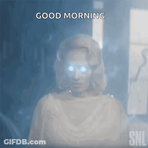 Woman With Glowing Eyes Says Good Morning In SNL Ad GIF