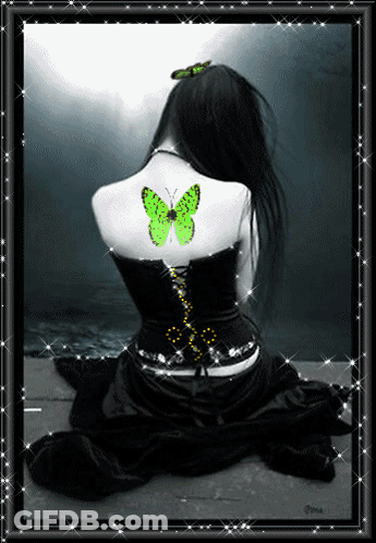 Woman With Green Butterfly On Back GIF
