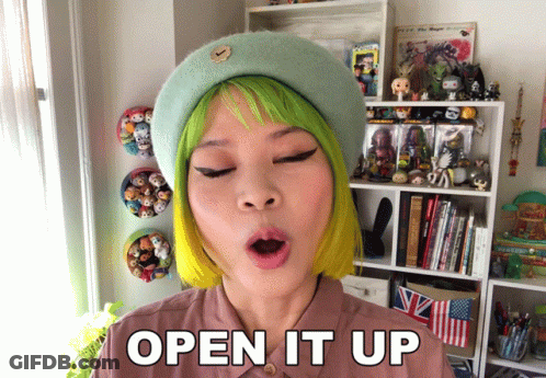 Woman With Green Hair And Beret Says Open It Up GIF