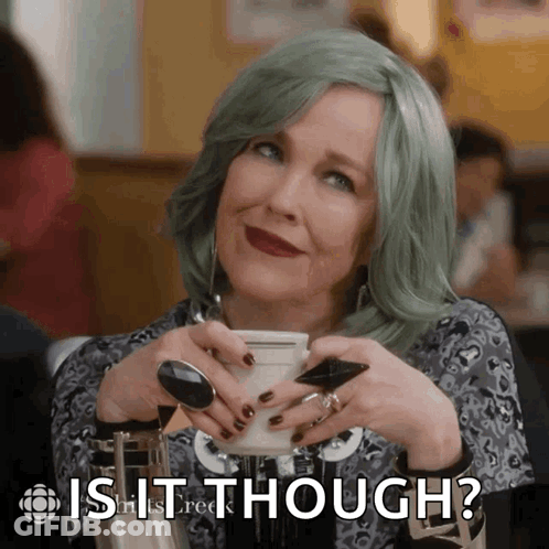 Woman With Green Hair Holding Coffee Saying Is It Though GIF