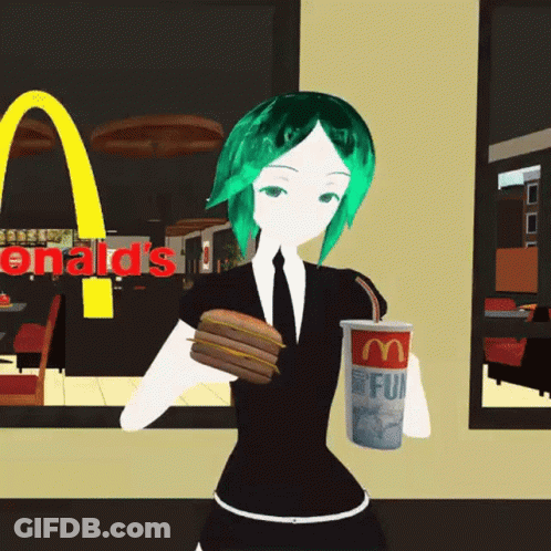 Woman With Green Hair Holding Hamburger And McDonald's Cup GIF