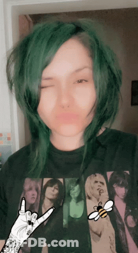 Woman With Green Hair In Bee T-Shirt GIF