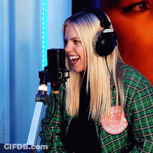 Woman With Headphones Green Plaid Shirt I Love You Patch GIF