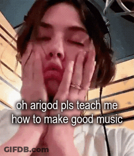 Woman With Headphones Holding Hands To Face Saying Oh Arigod Pls Teach Me How To Make Good Music GIF