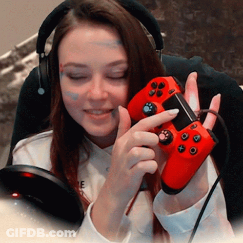 Woman With Headphones Holding Red Controller Paw Prints GIF