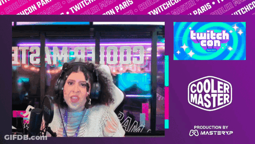 Woman With Headphones In Front Of Cooler Master Screen GIF