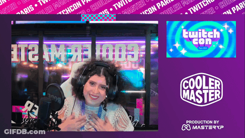 Woman With Headphones In Front Of Cooler Master Sign GIF