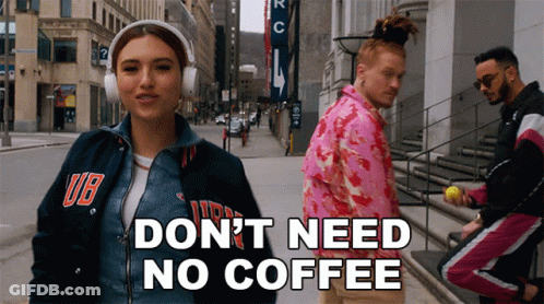 Woman With Headphones Saying Don't Need No Coffee GIF
