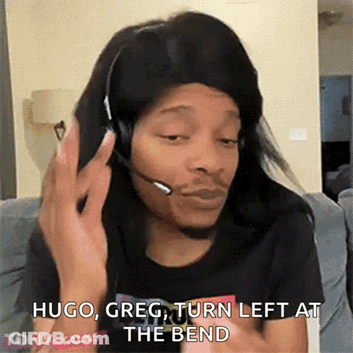 Woman With Headset Says Hugo Greg Turn Left At The Bend GIF