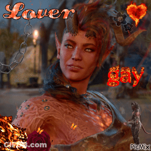 Woman With Horns And Word Lover Above GIF