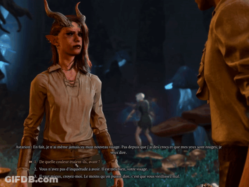 Woman With Horns Talking To Man In Game GIF