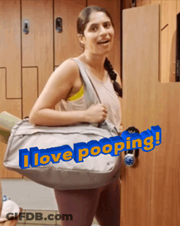 Woman With I Love Pooping Bag In Locker Room GIF