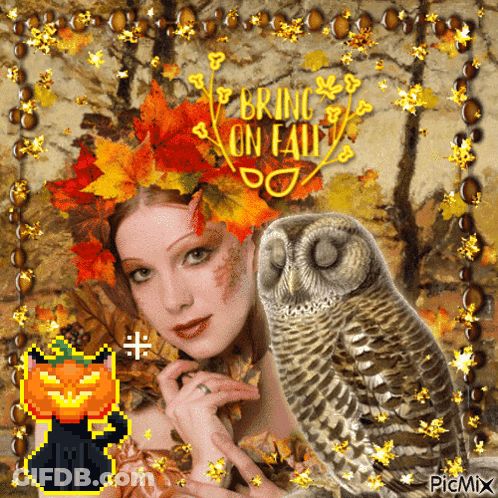 Woman With Leaves And Owl Saying Bring On Fall GIF