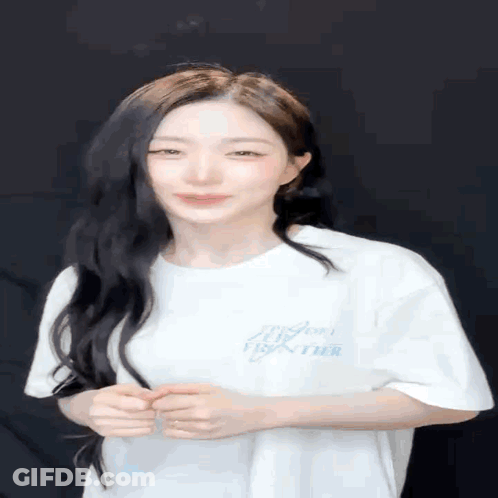 Woman With Long Black Hair In White T-Shirt Saying Together GIF