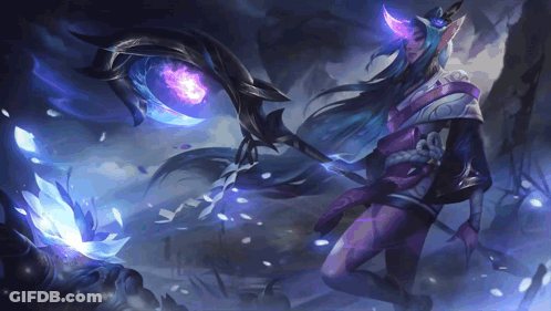 Woman With Long Hair Holding Cane With Purple Flames GIF
