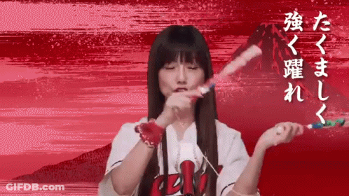 Woman With Long Hair Holding Toothbrush Red Background Asian Writing GIF