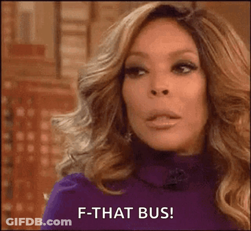 Woman With Long Hair In Purple Top Says F-That Bus GIF