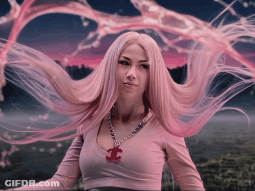 Woman With Long Pink Hair And Chanel Necklace GIF