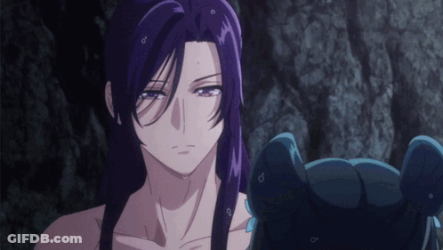 Woman With Long Purple Hair Looking At Blue Object GIF
