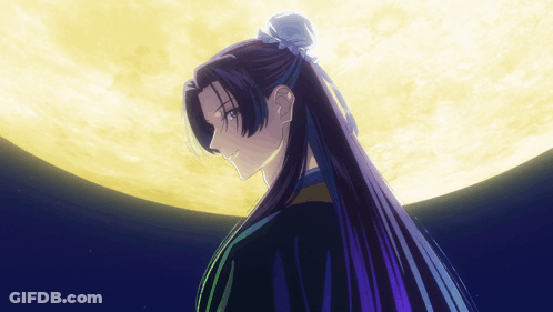 Woman With Long Purple Hair Standing In Front Of Yellow Moon GIF