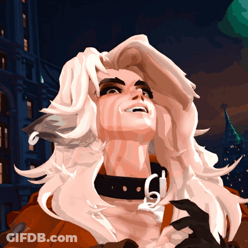 Woman With Long White Hair And Black Collar Number 6 GIF