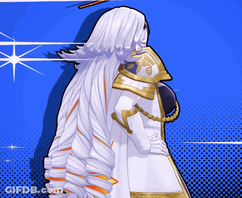 Woman With Long White Hair In White And Gold Outfit GIF