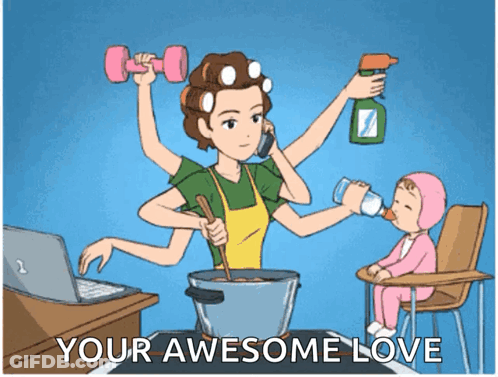 Woman With Many Arms Cooking And Talking On Phone GIF
