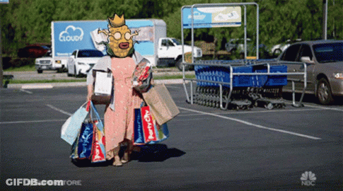 Woman With Mask On Head Carrying Shopping Bags At Superstore GIF